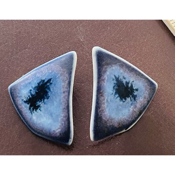 Karla Jordan Triangle Handcrafted Pierced Earrings Purple Ceramic Porcelain Blue - Picture 9 of 13